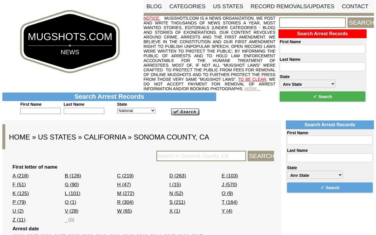 Unofficial Sonoma County booking photo publisher landing page