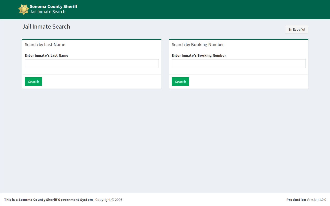 Sonoma County jail roster booking search form