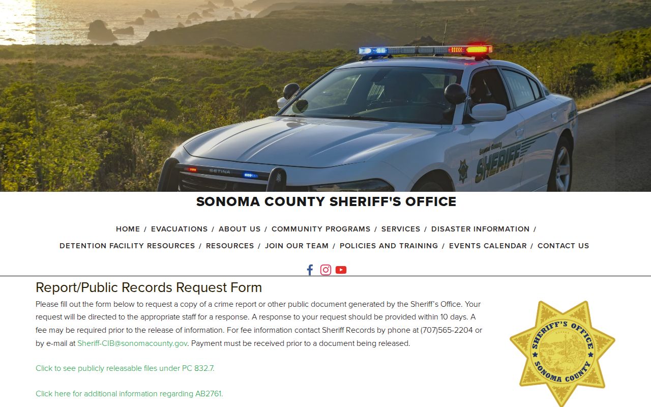Sonoma County Sheriff booking record request form