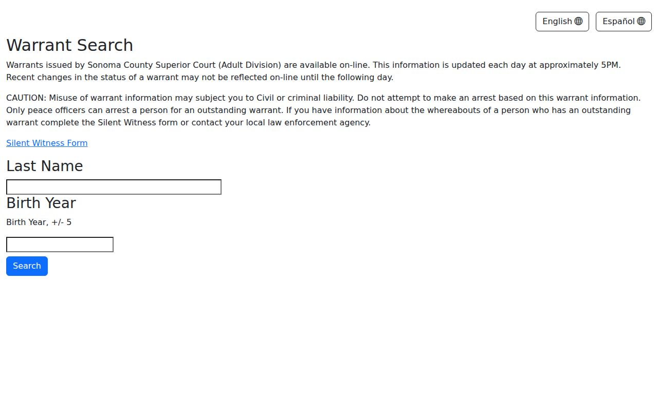 Sonoma County adult warrant record search interface