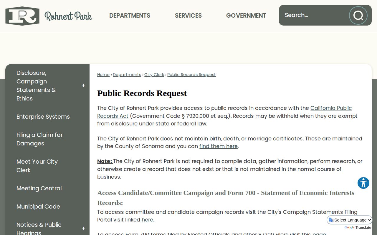Rohnert Park Public Safety arrest records request interface in Sonoma County